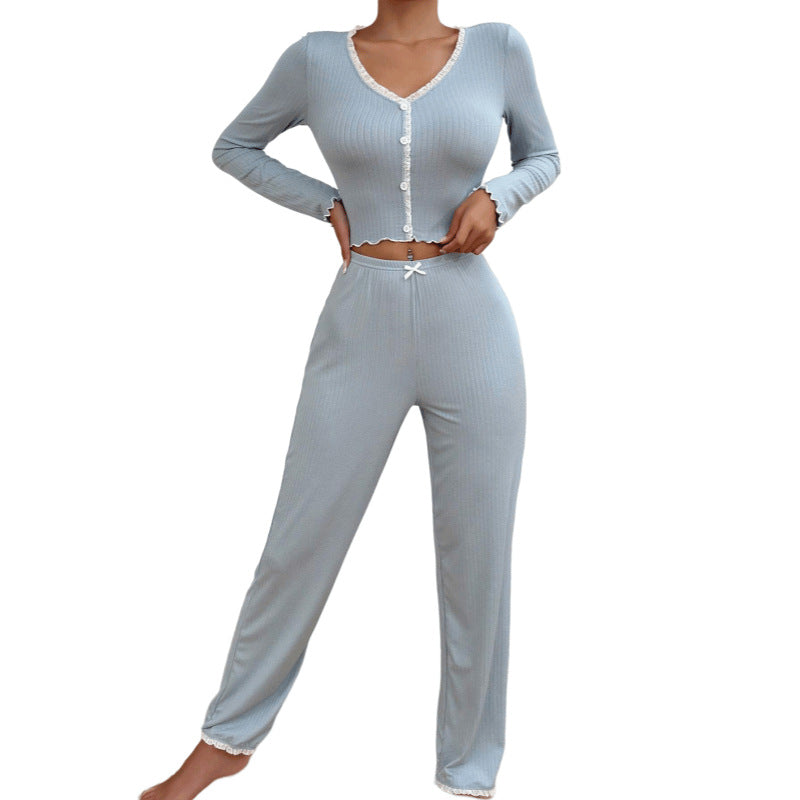 Home Wear Pajamas Long-sleeved Trousers Slim Fit Sexy Lace Pairs Long Pajama Set