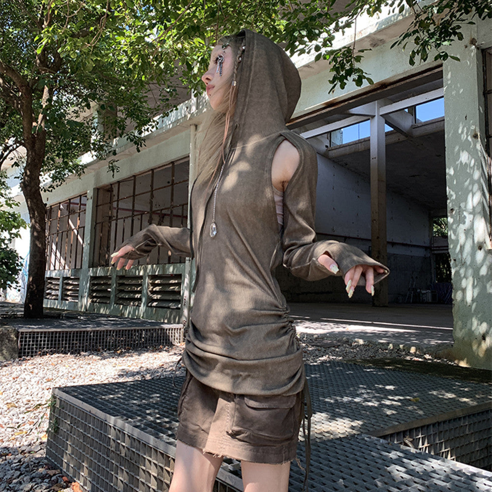 Hooded Fried Open-Back Side Drawstring Dress