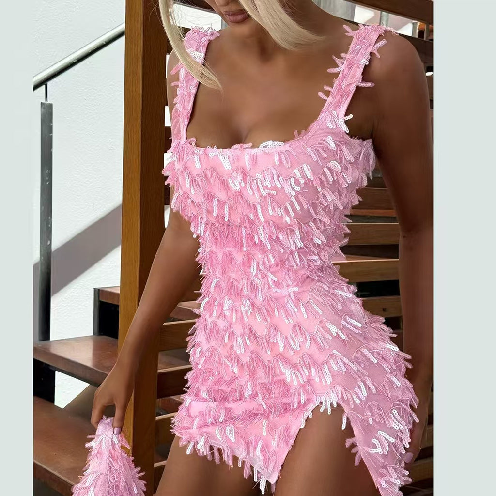 Off-the-shoulder Strap Hip Skirt Split Furry Dress