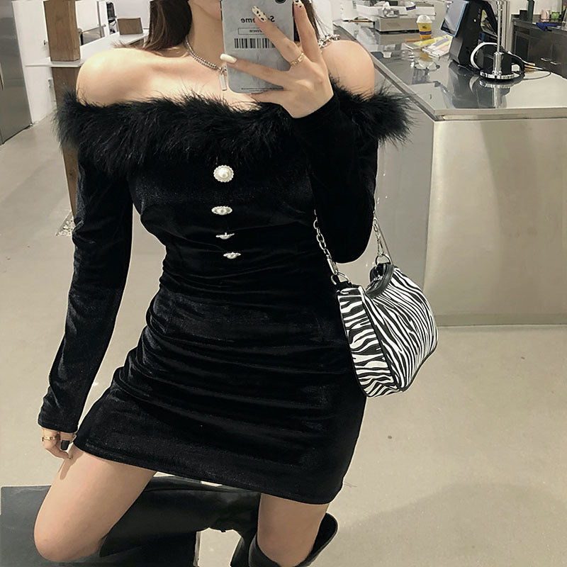 Long-sleeved Slim-fit Hip-bottomed Gold Velvet Dress