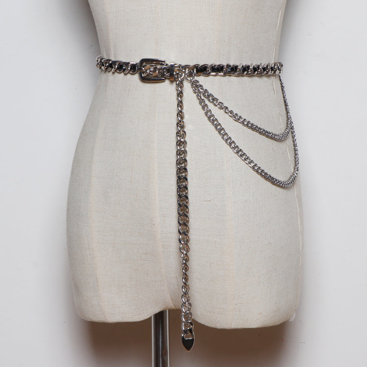 Women's Fine Decorative Jeans With Metal Braided Waist Chain