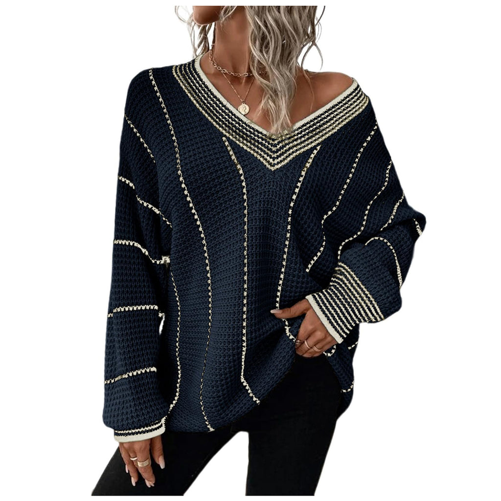 Autumn And Winter Knitted V-neck Striped Sweater