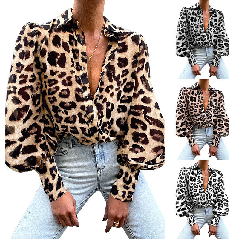 European And American Women's Leopard Print Fashion Casual Shirt Lapel Single Breasted