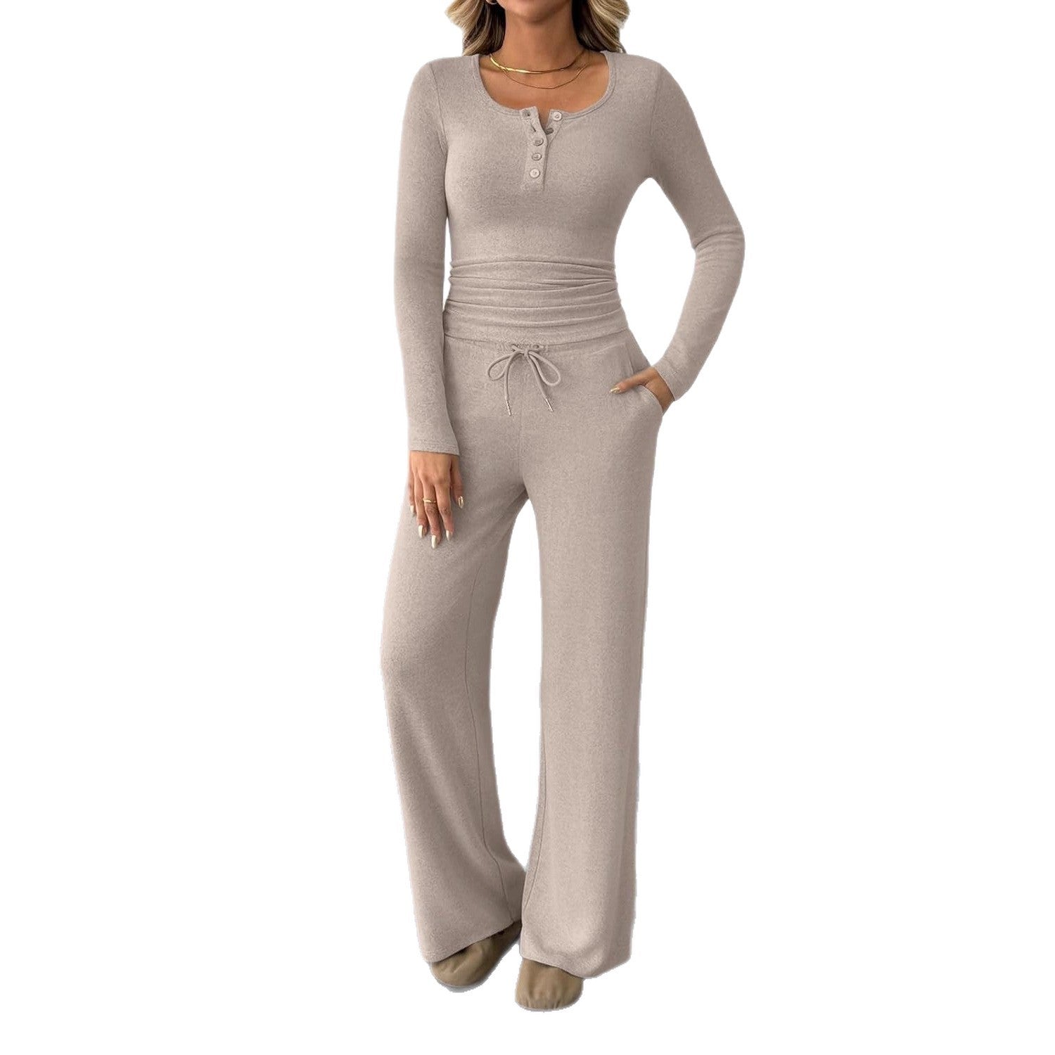 Two-piece Set Women's Long-sleeve Blouse Wide Leg Pants Fashion Casual Set