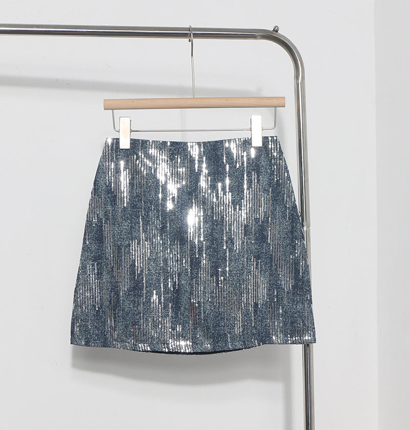 Hot Girl High Waist A- Line Sequined Skirt Shiny Skirt