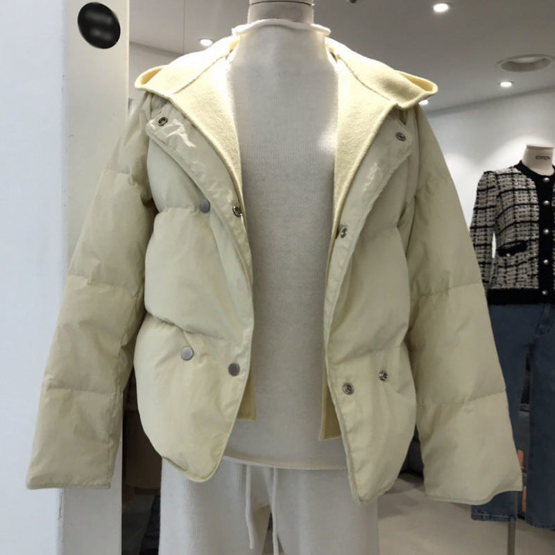 All-matching Woolen Hooded Stitching Long Sleeve Fake Two Pieces Thermal Cotton-padded Coat