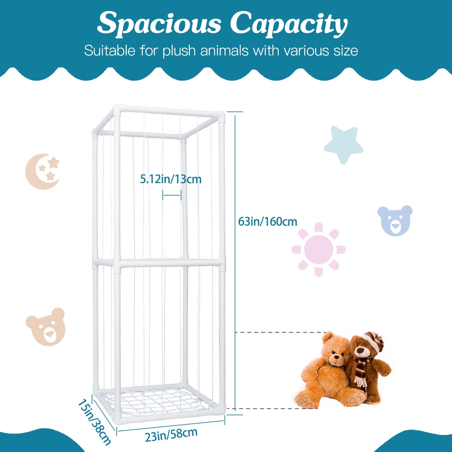 1Pc Stuffed Animal Storage PVC Plush Organizer Shelf Plush Stuffed Animal Holder Standing Kids Toy Storage Cage With Elastic Band For Nursery Play Room Bedroom