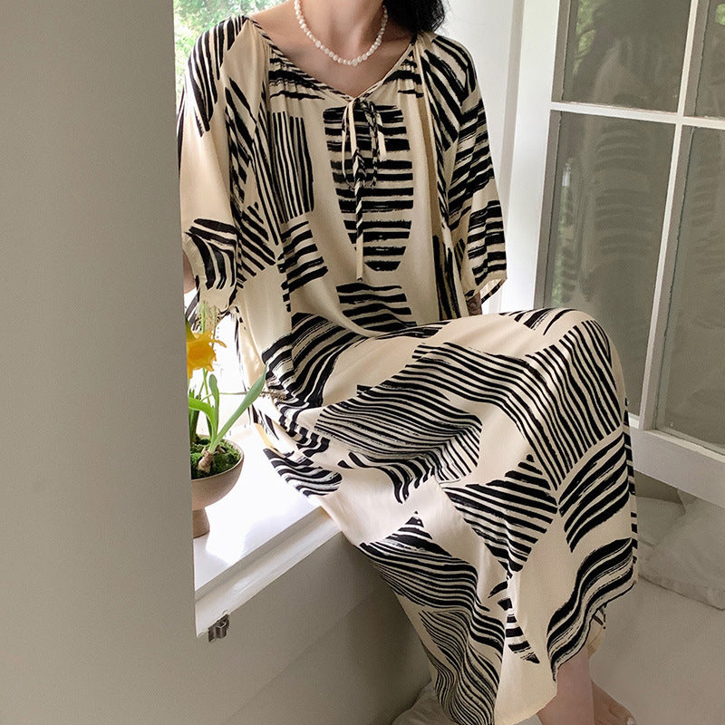 Women's Printed Cotton Nightdress Striped Plus Size Pajamas