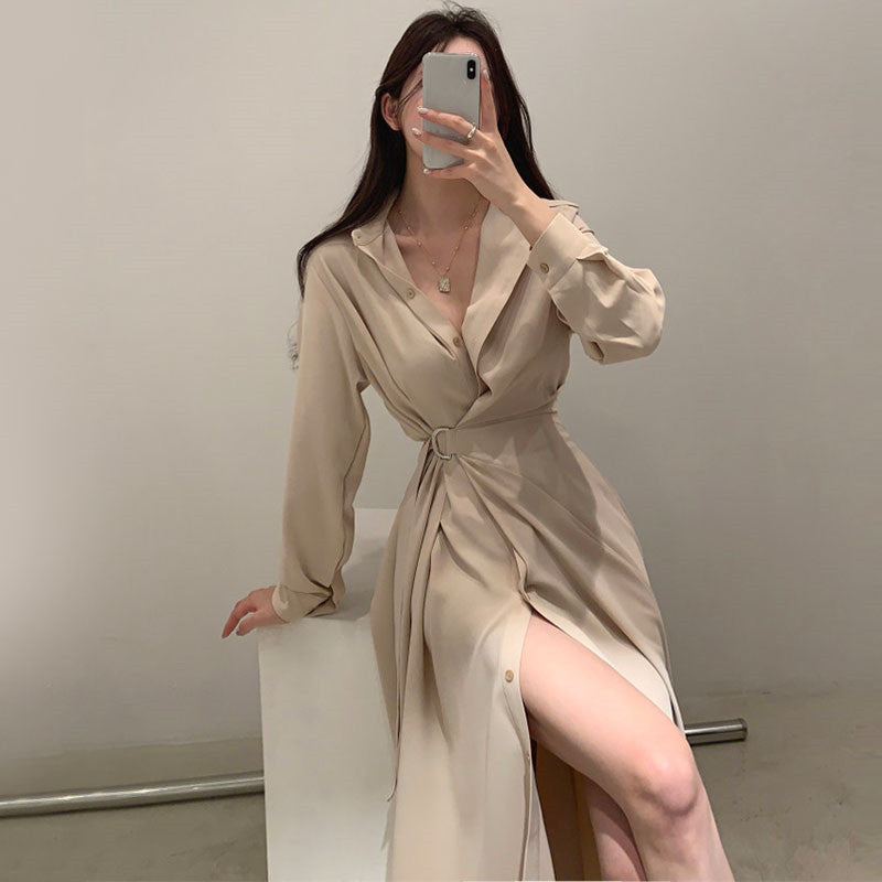 Women's Lapel Single-breasted Lace-up Waist-skimming Dress