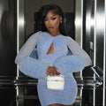 Mesh Cross Hollow-out Long Sleeve Plush Sleeve Slim-fit Sheath Dress