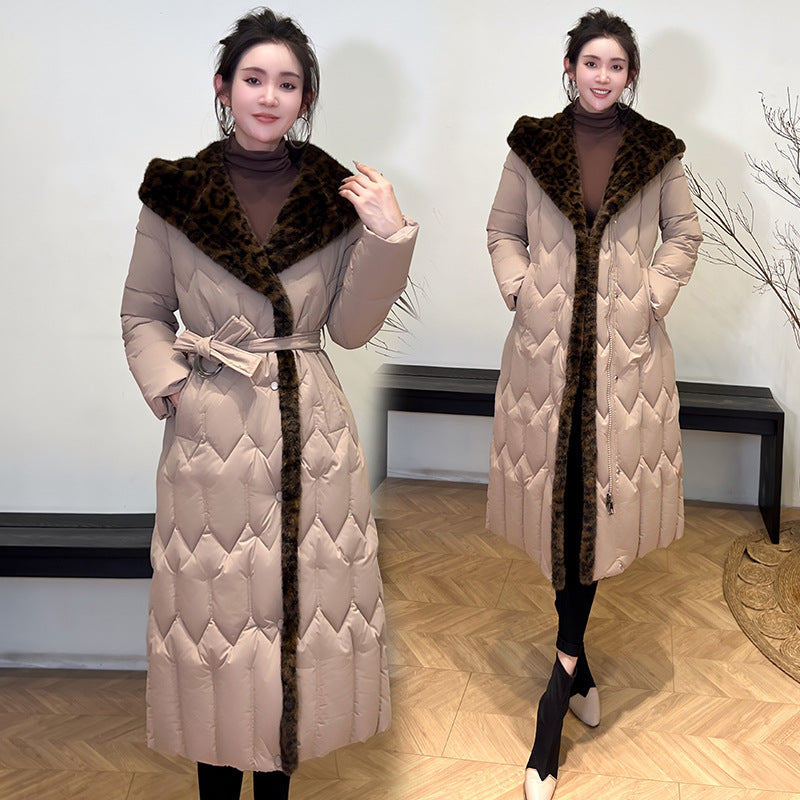 Stitching Overknee Long Slim-fit Belt Elegant Cotton-padded Jacket