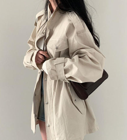 Chic Autumn Idle Style Mid-length Loose Single-breasted Lapel Overall Trench Coat