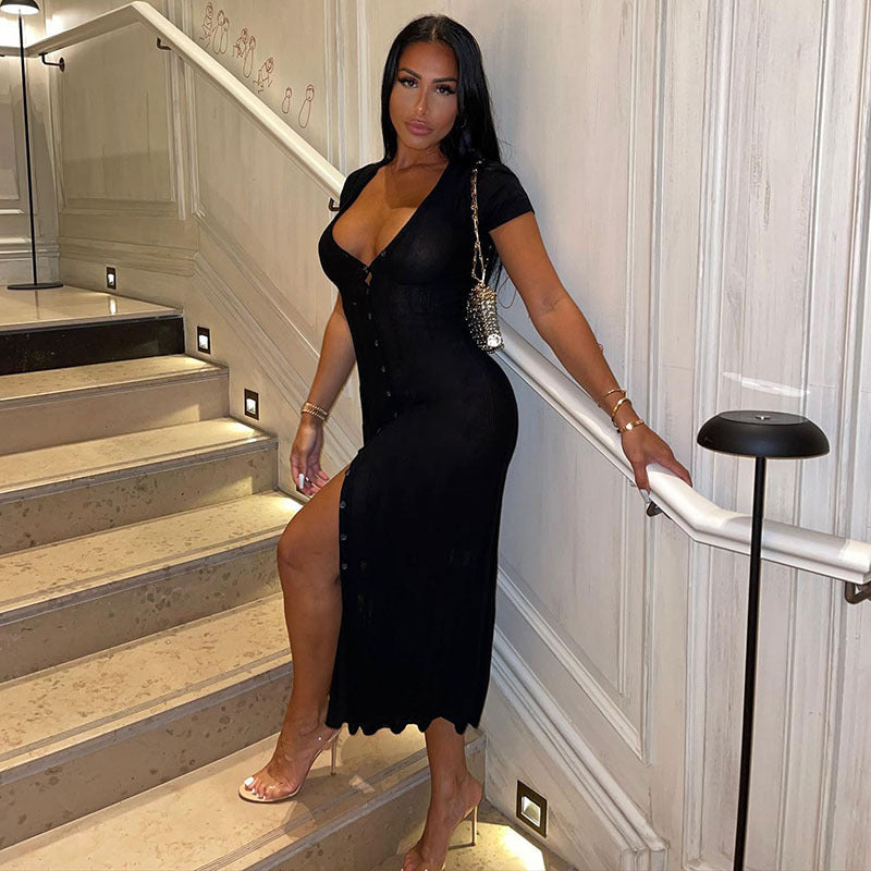 Women's Fashion Short Sleeve V Neck Single Breasted Slim Dress