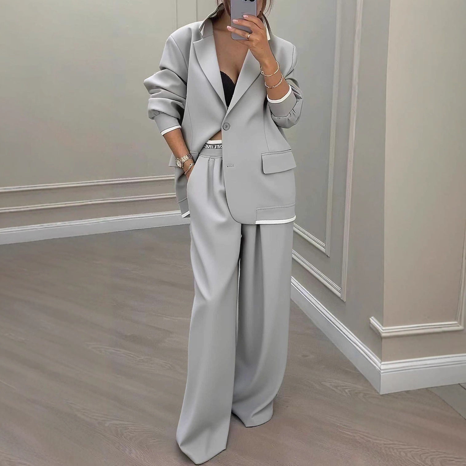 Women's Temperament Long Sleeve Jacket Casual Wide-leg Pants Suit