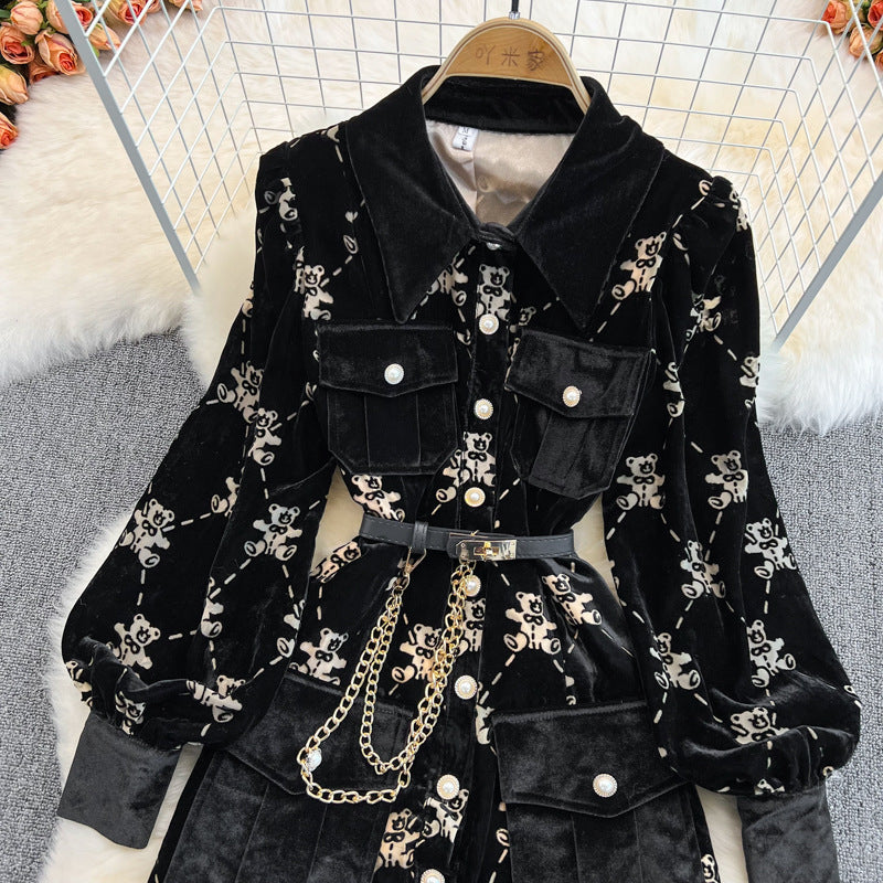 Single Breasted Lapel Gold Velvet Dress