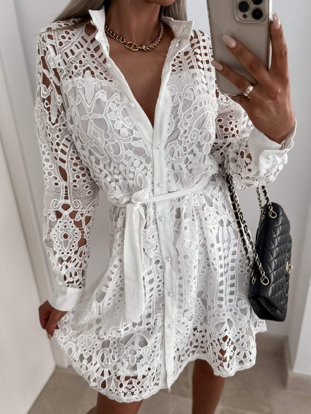 Solid Cutout Lace Single Breasted Long Sleeve Dress