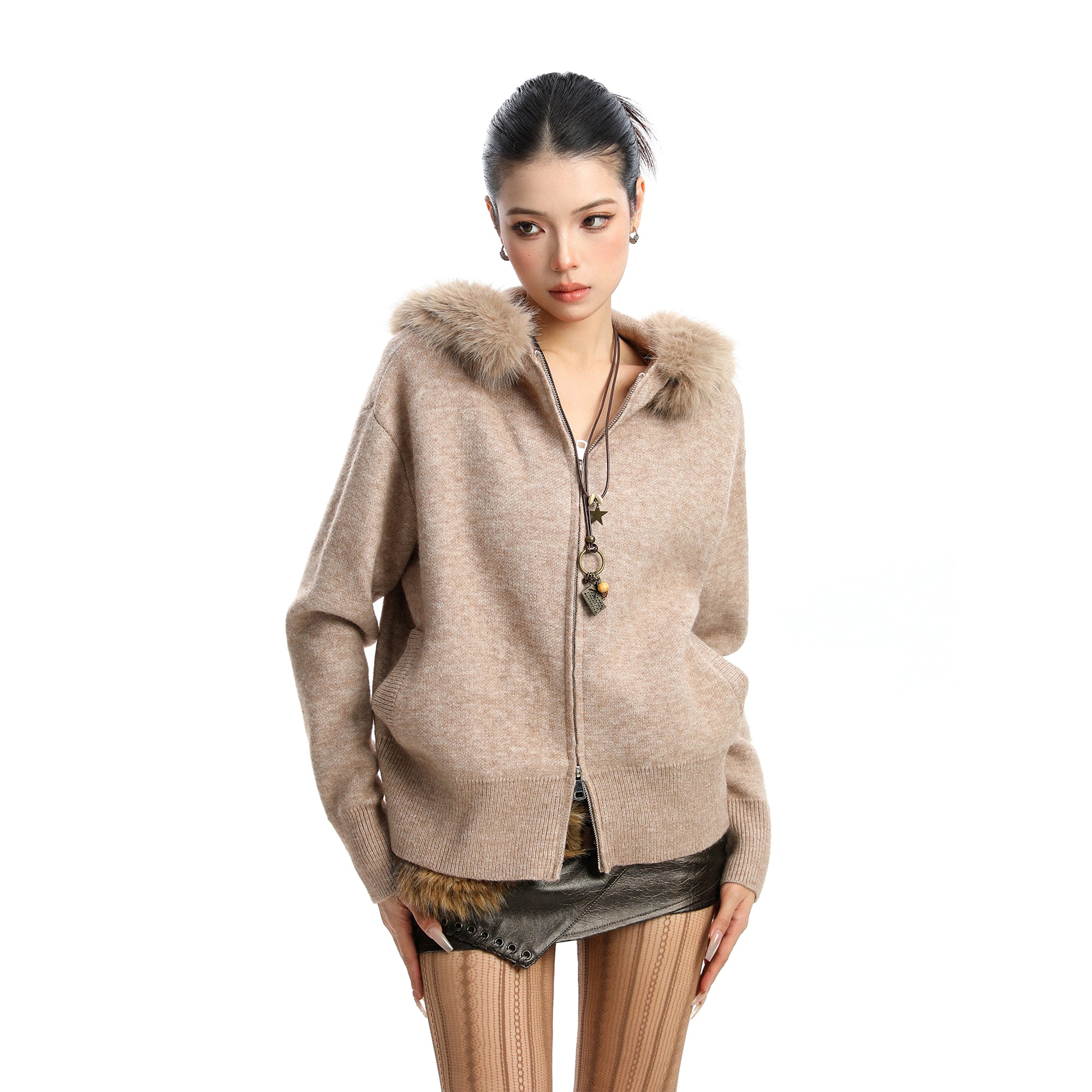 Women's Zipper Cardigan Beige Fur Collar Hood Coat