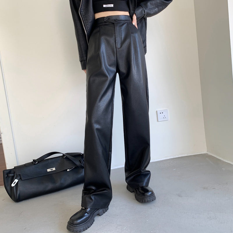 PU Washed Leather Pants Casual Straight Small