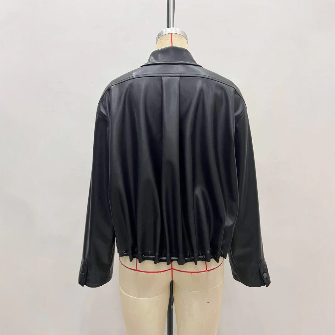 Fashionable Polo Collar Glossy Leather Loose Design Fashionable Coat