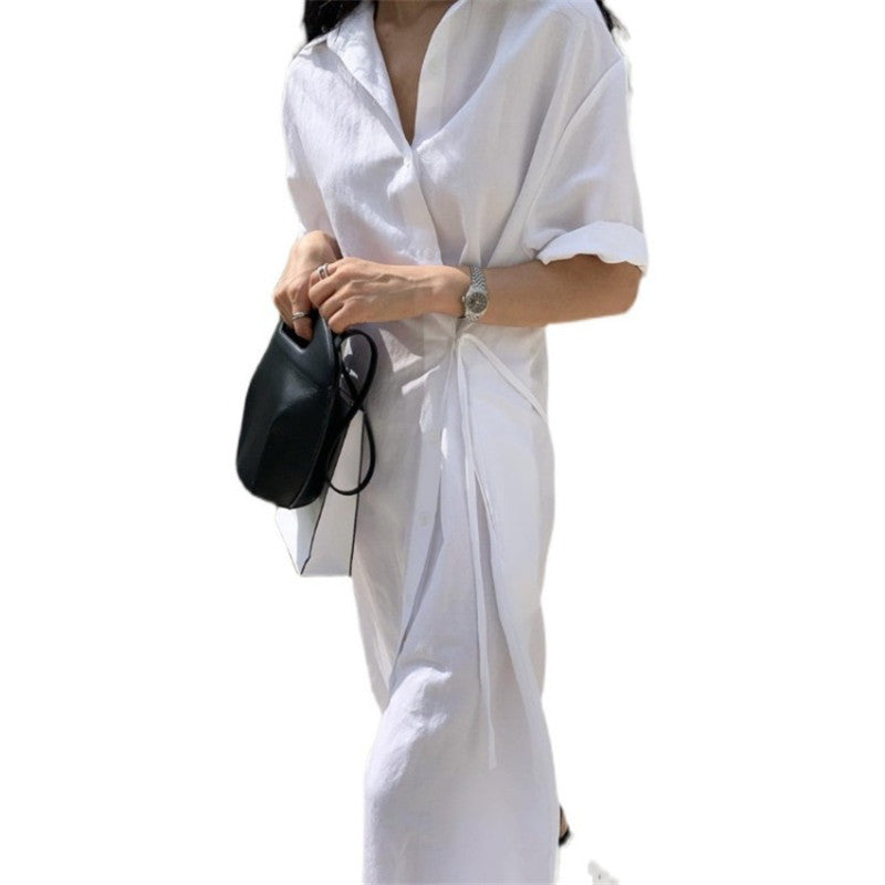 Minimalist Single-breasted Shirt Dress Over The Knee Long Skirt
