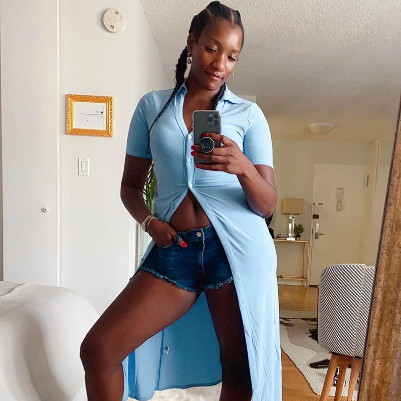 Casual Short-sleeved Pure Color Temperament Single-breasted Slim Dress