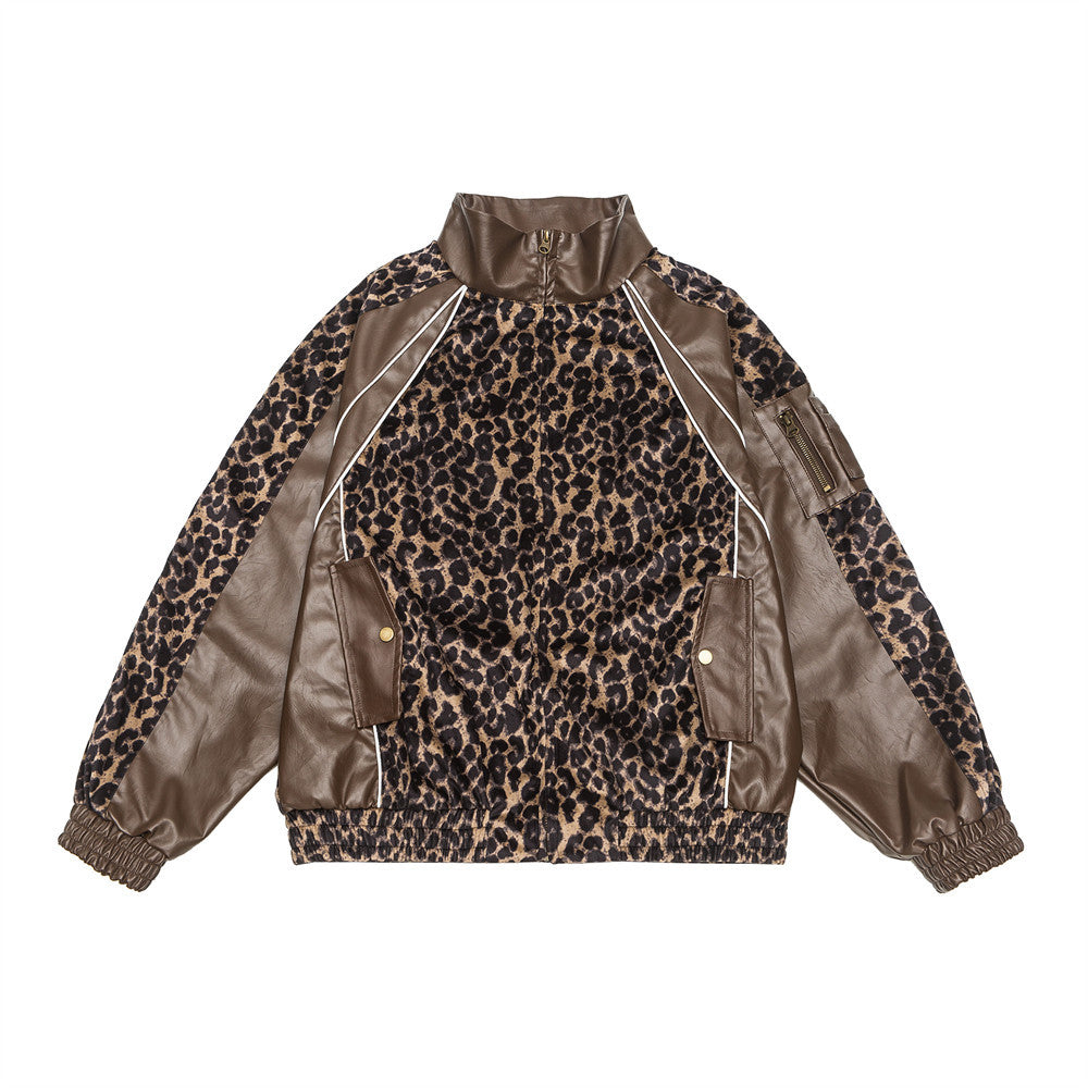 Leopard Splicing PU Leather Jacket Coat