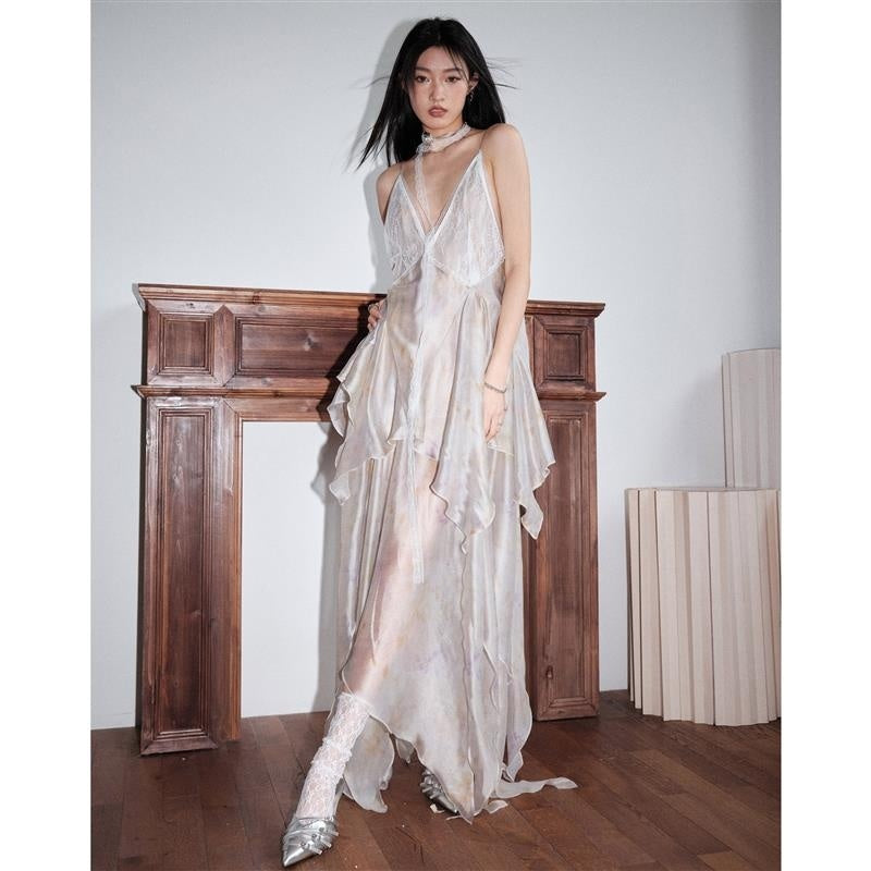 Printed Transparent Feather Irregular Suspender Skirt