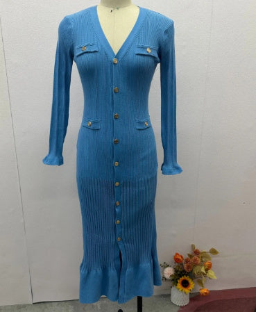 French Style Temperament Ladies Ruffled Single-breasted Fishtail Knitted Dress