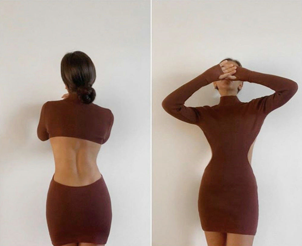 Sexy High-neck Tight-fitting Buttocks Solid Color Dress
