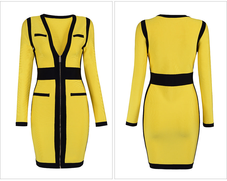 OL Pencil Skirt Contrast Color Deep V-neck Dress