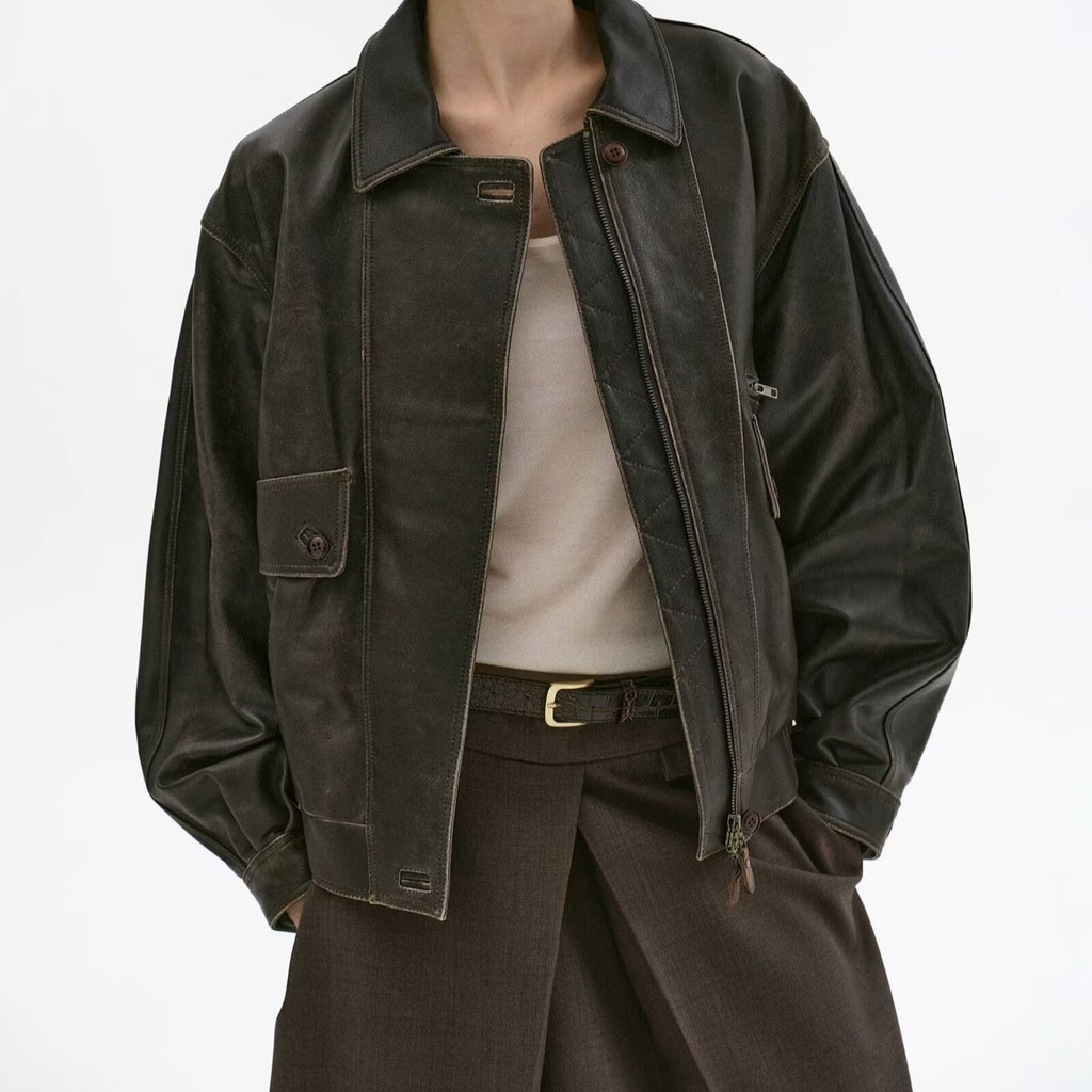 American Retro Asymmetric Colored Leather Distressed Casual Polo Collar Short PU Leather Jacket