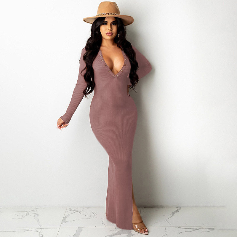 Women's Lapel Open Back Long Sleeve Slit Midi Dress