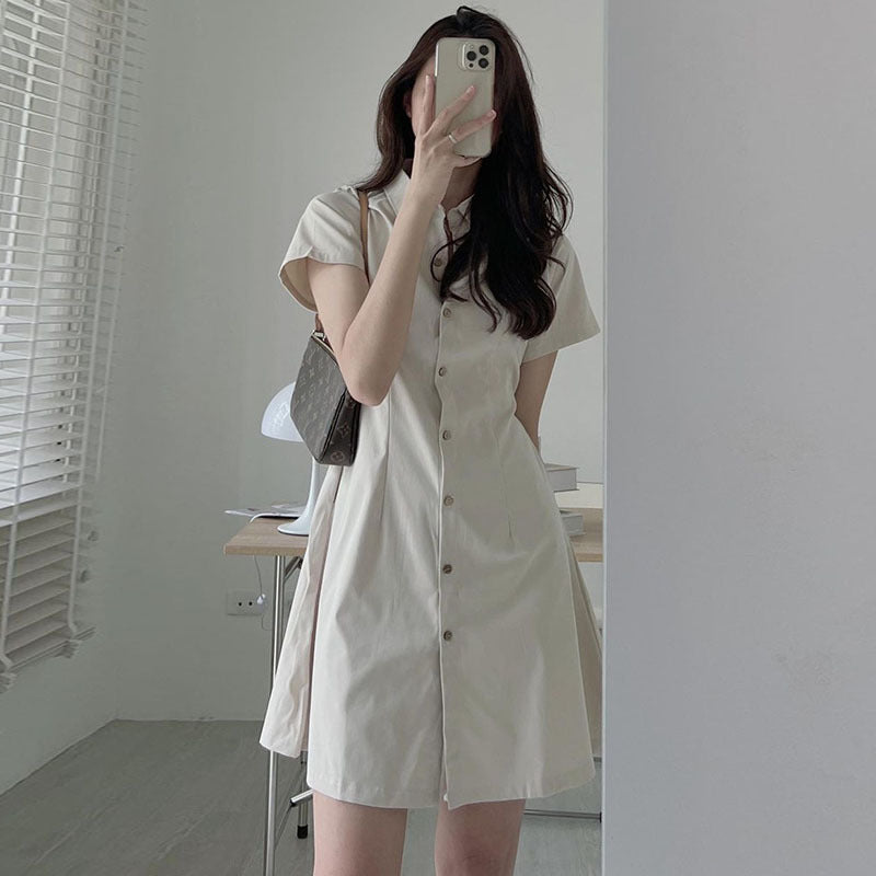 Single Breasted Waist Closing Thin Short Sleeved Shirt Small Dress