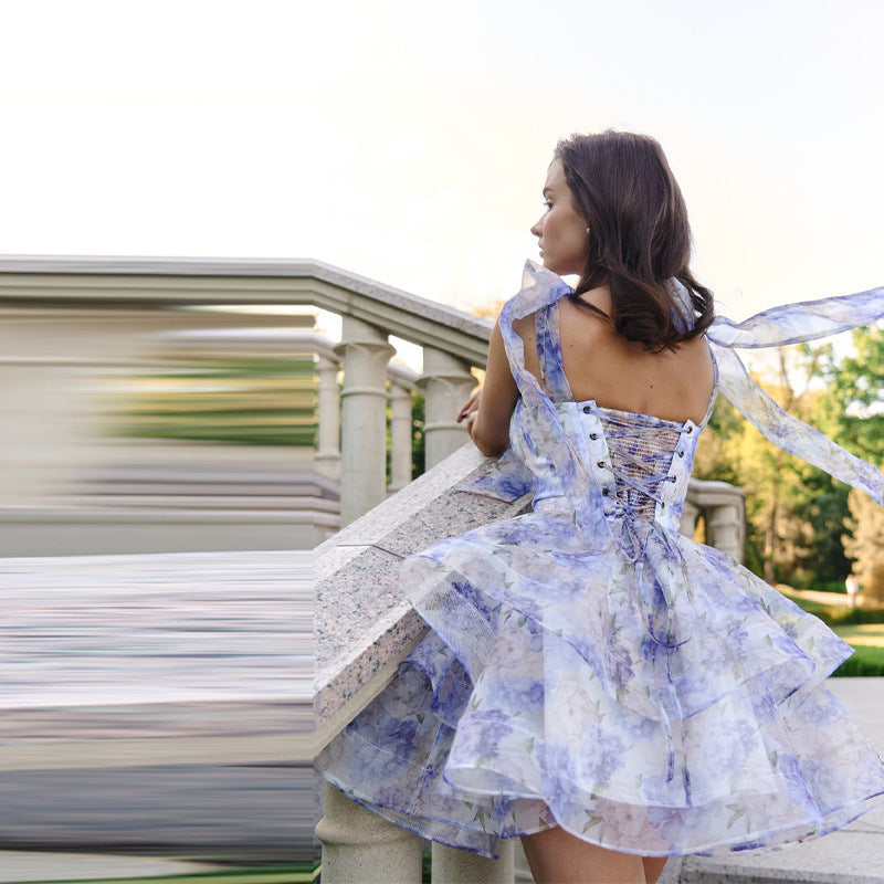 Woman Square-neck Printing Bow Suspenders Dress