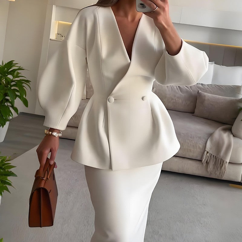 Women's Fashion Solid Color Buttons Puff Sleeve Skirt Dress Suit
