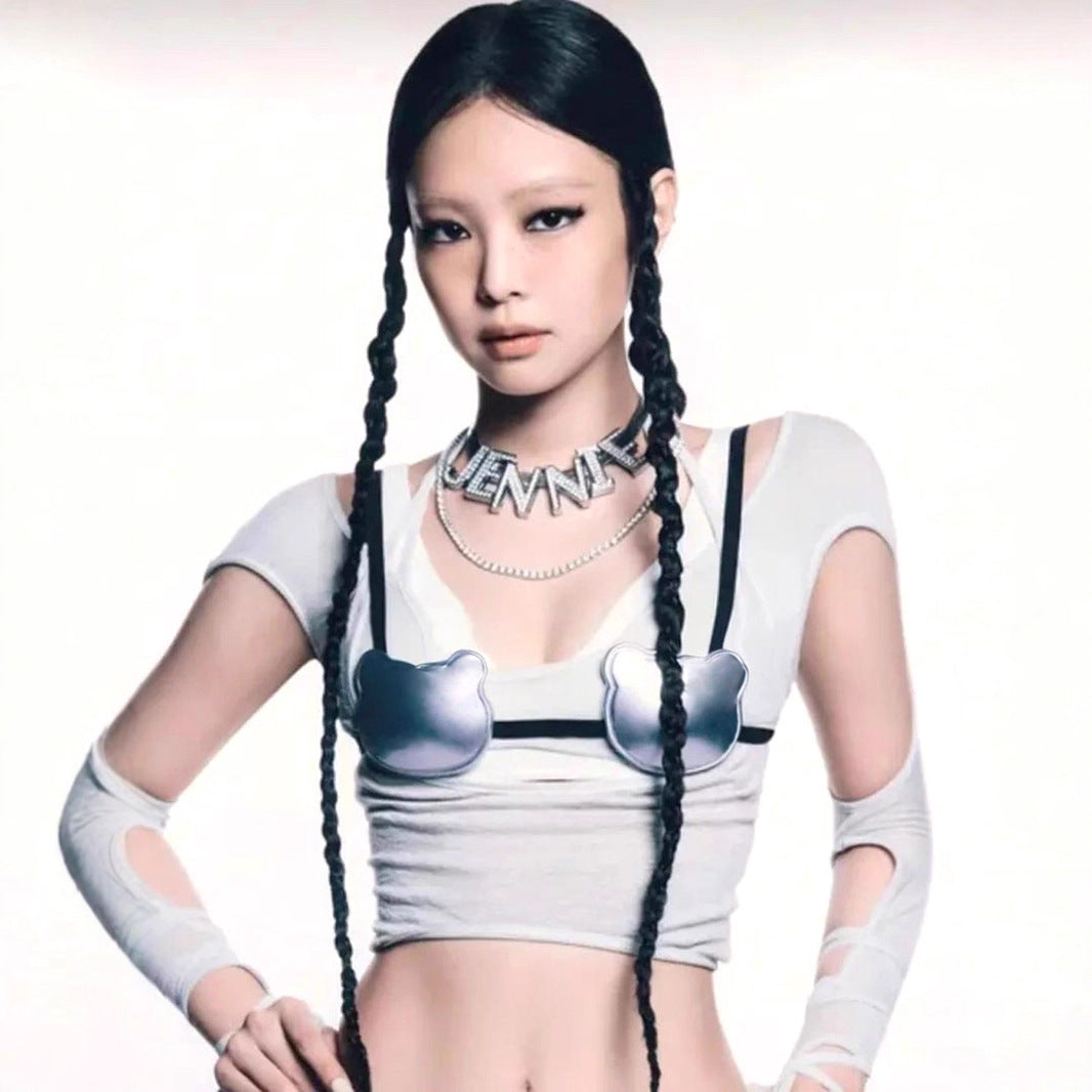 Hollow-out Faux Two-piece High-waisted Cropped Top