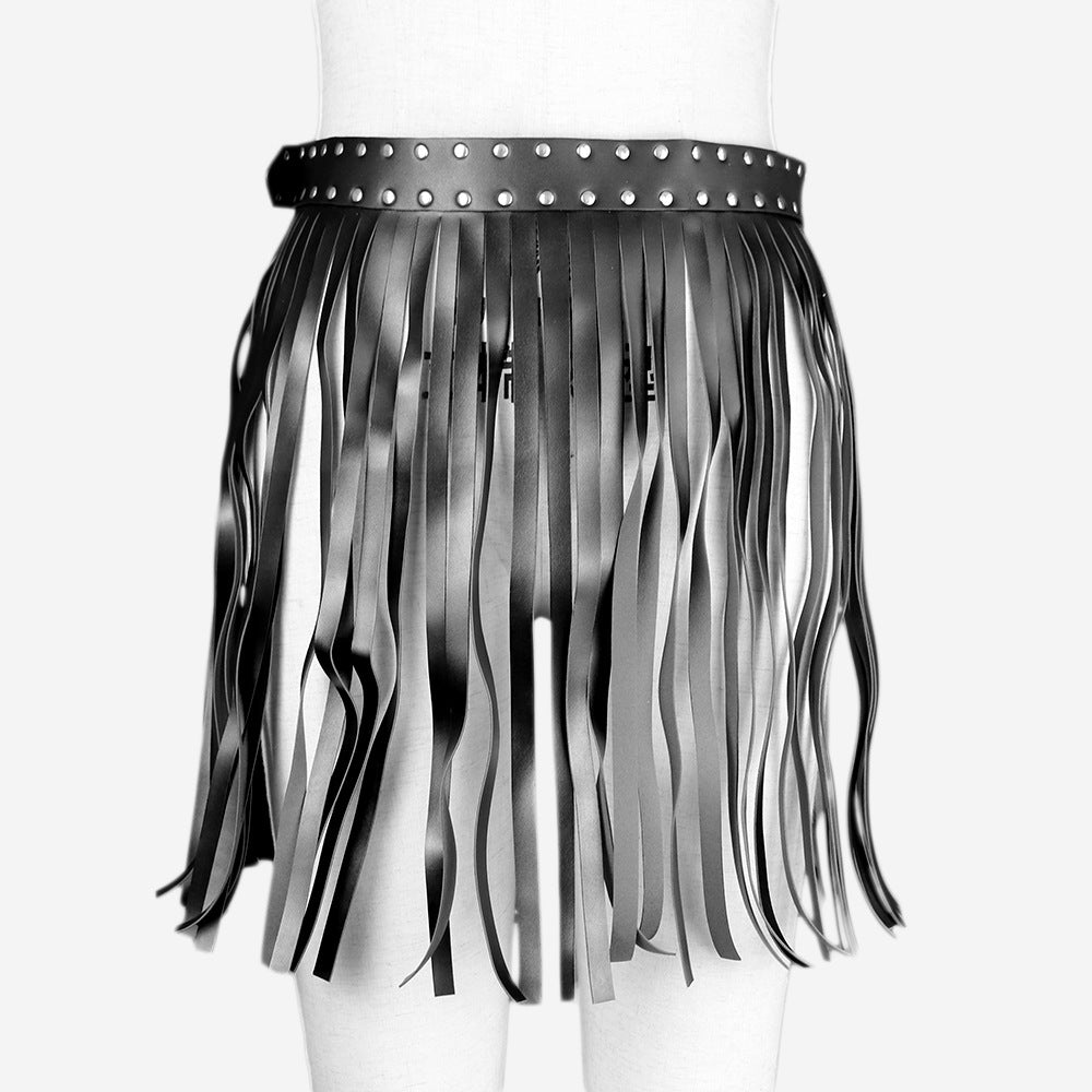 Women's Black Leather Belt Fringe Skirt