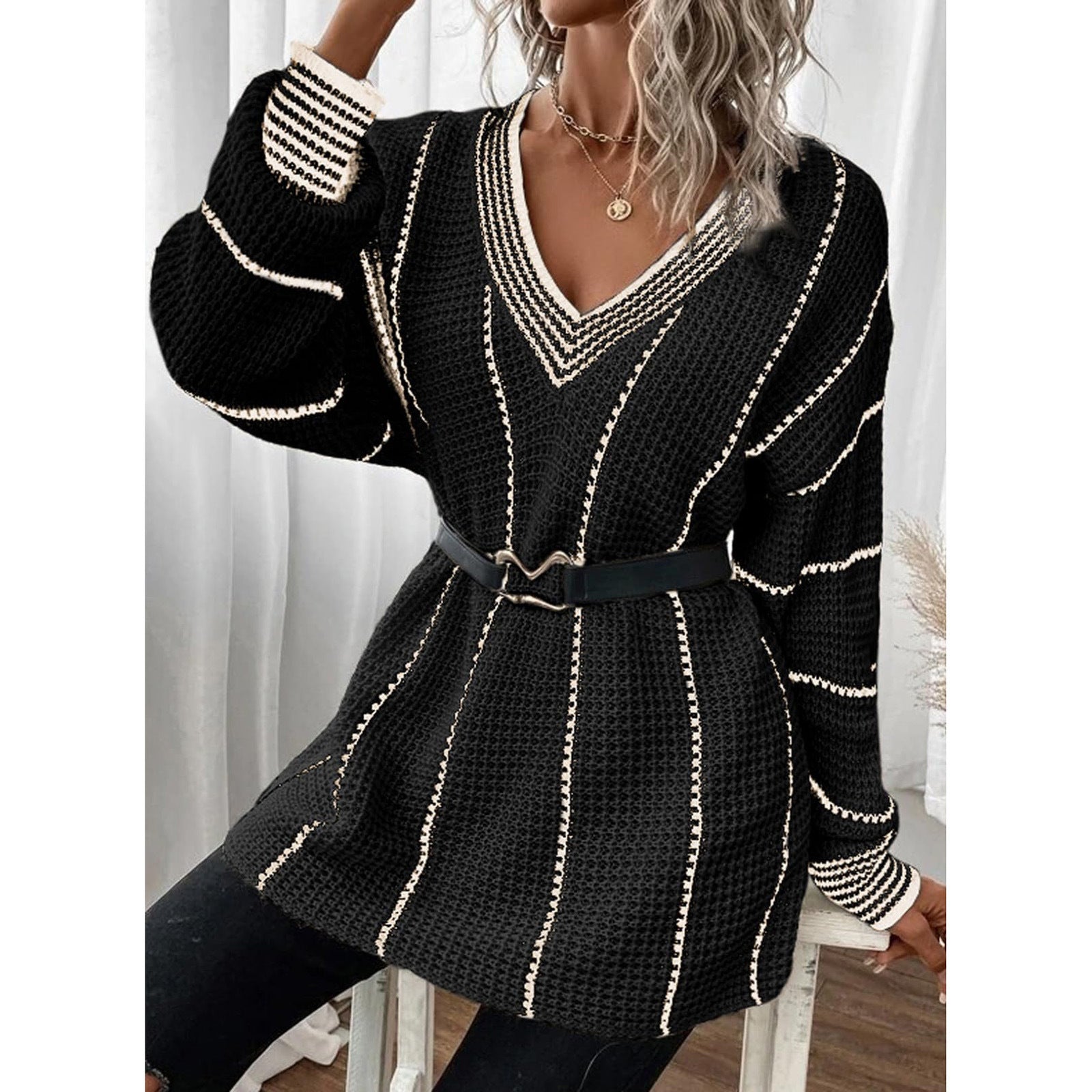 Autumn And Winter Knitted V-neck Striped Sweater