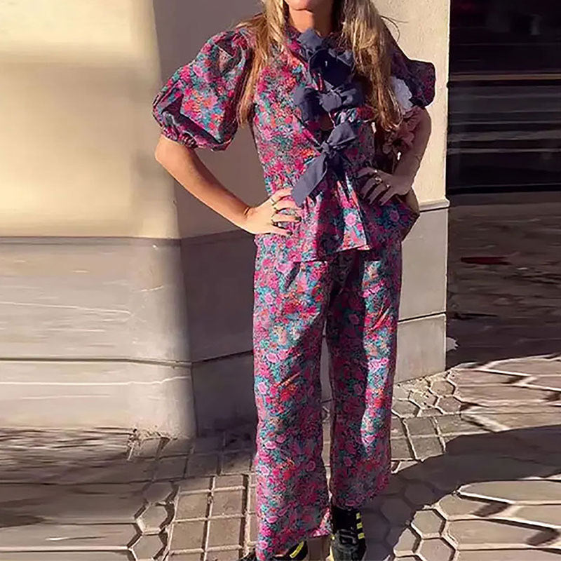 Leisure Floral Tie-neck Long Sleeve Trousers Suit