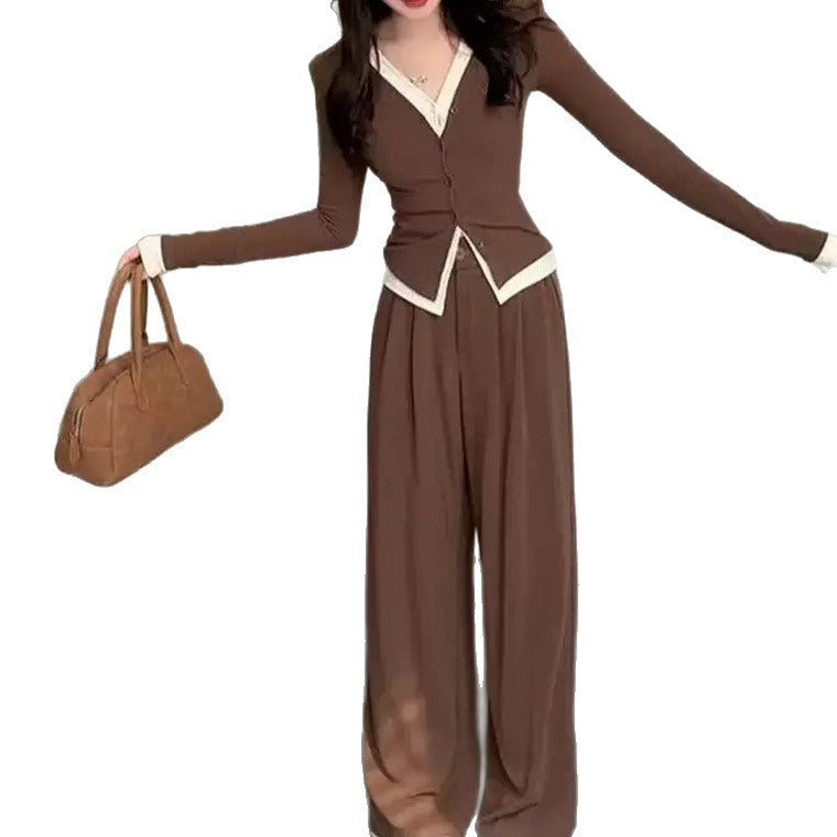 Plus Size Women's Fake Two-piece Top High Waist Wide Leg Pants Two-piece Set