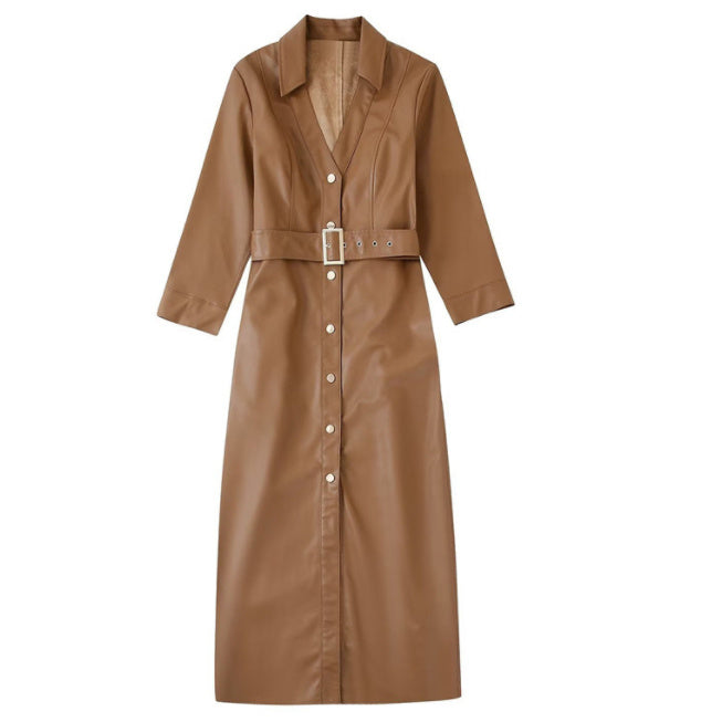 Women's Lapel Single-breasted Khaki PU Dress