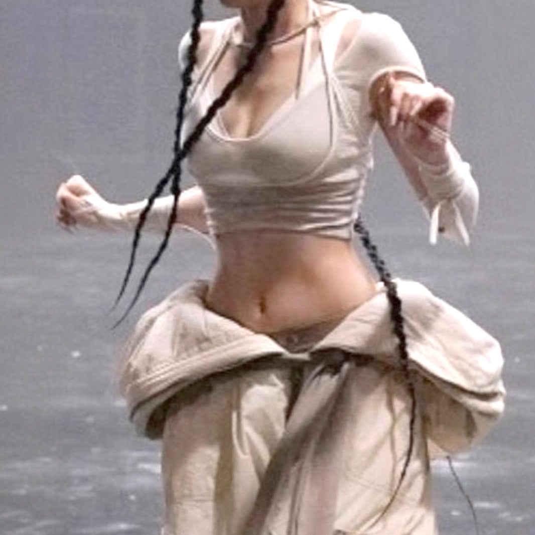 Hollow-out Faux Two-piece High-waisted Cropped Top