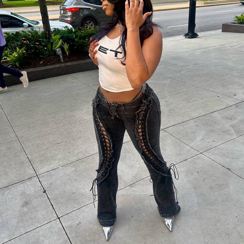 Stretch All-matching Frayed Lace-up New Slim Jeans For Women