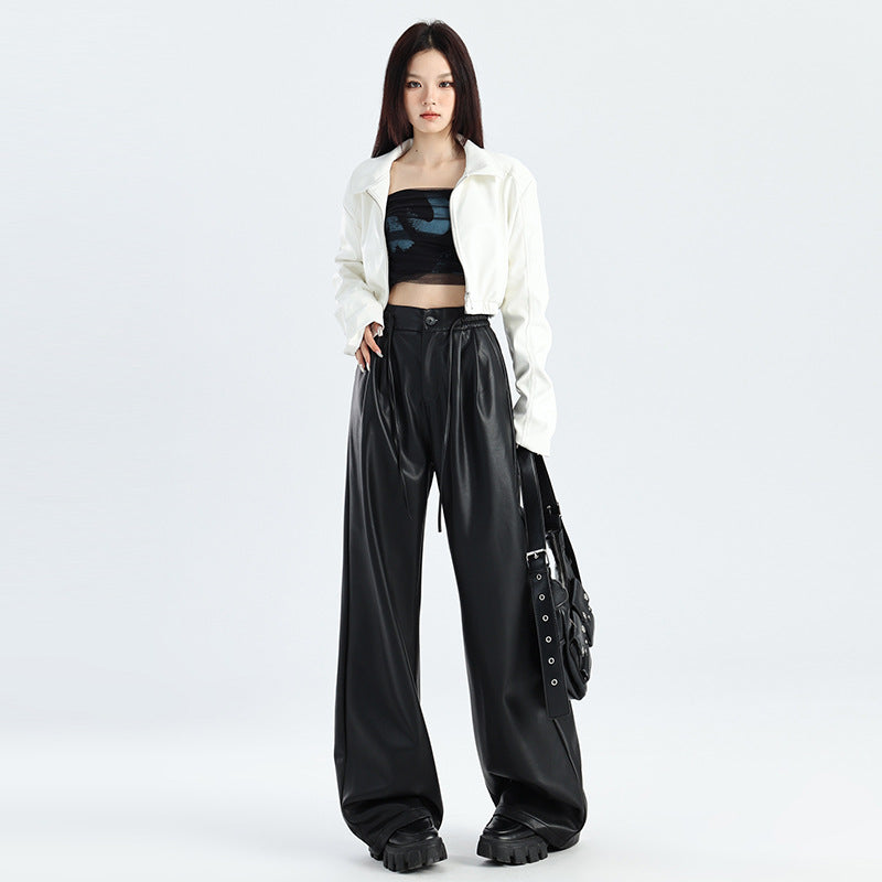 Retro Coffee Color Leather Pants Women's PU Pleated Straight Wide-leg Pants