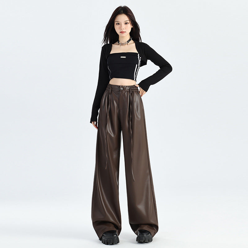 Retro Coffee Color Leather Pants Women's PU Pleated Straight Wide-leg Pants