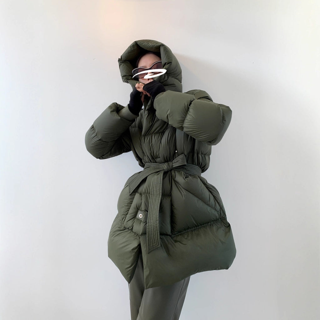 White Duck Down Coat Women's Mid-length Fashionable Tie-waist Thickened Puffer Jacket