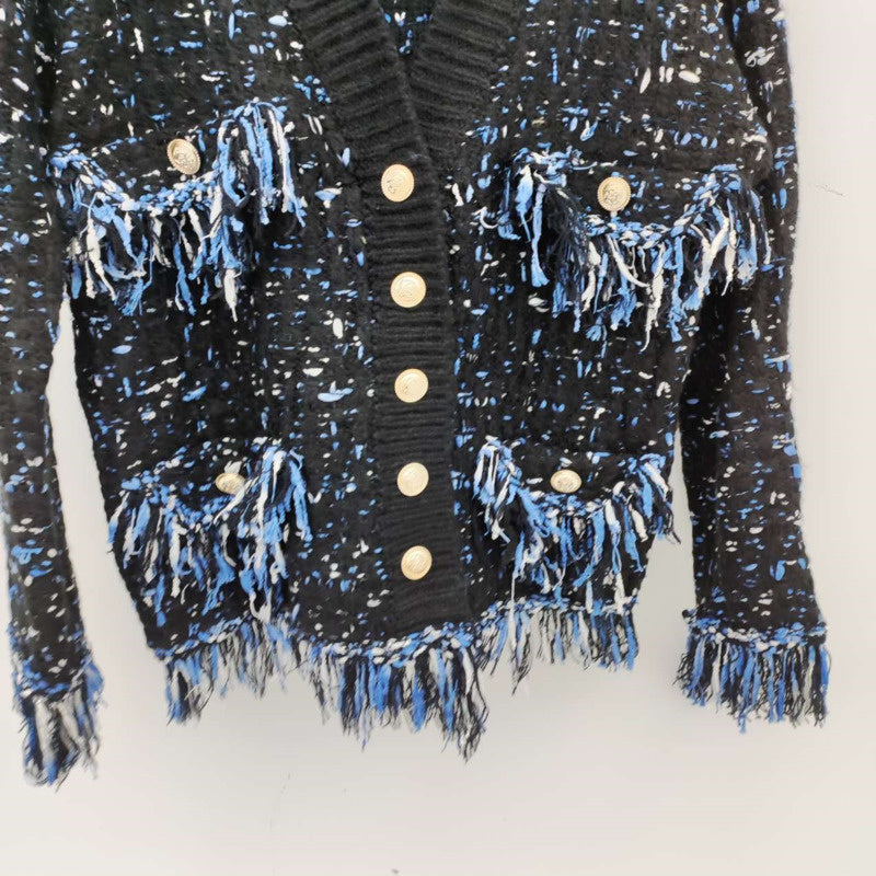 Women's Knitted Fringed Fringe Melange Sweater Coat