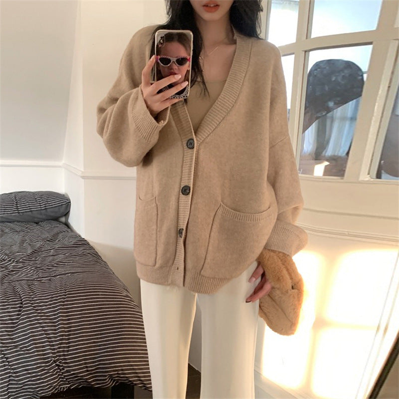 Female Solid Color Idle Style V-neck Knitted Cardigan Top