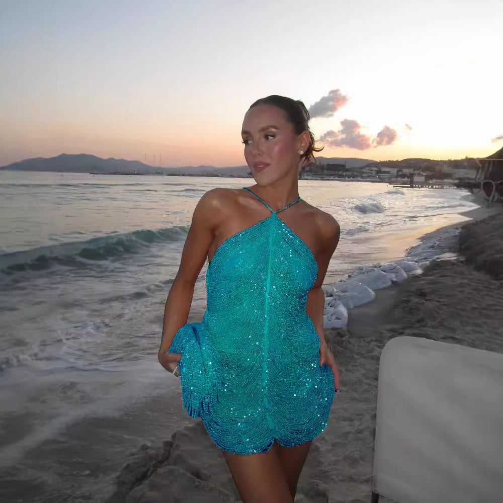 Sequin Tassel Halter Party Dress For Women