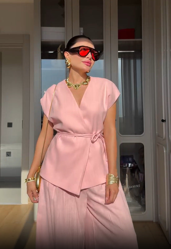 Elegant Solid Color Vest Lace-up Waist-controlled Top Trousers